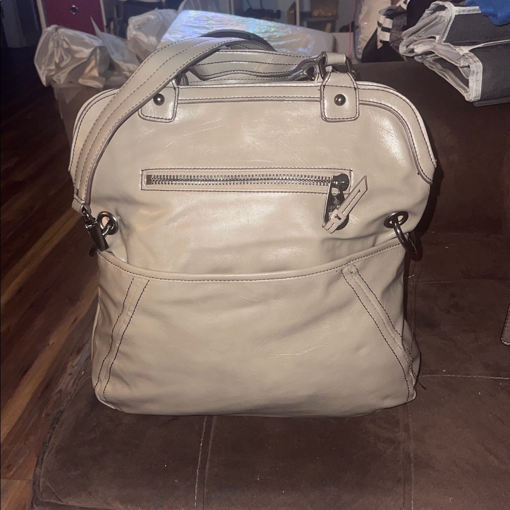 Vintage Nine West Taupe Fold Over Convertible Leather Tote Satchel - Picture 5 of 13